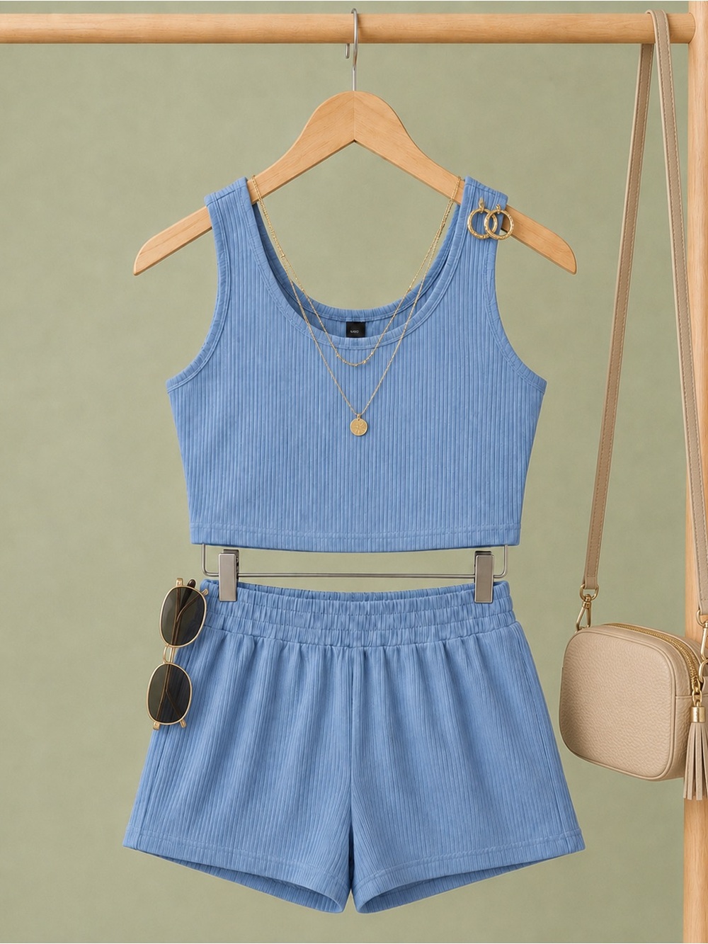 Light Blue Ribbed Crop Tank & Shorts Set - Picture 1 of 4